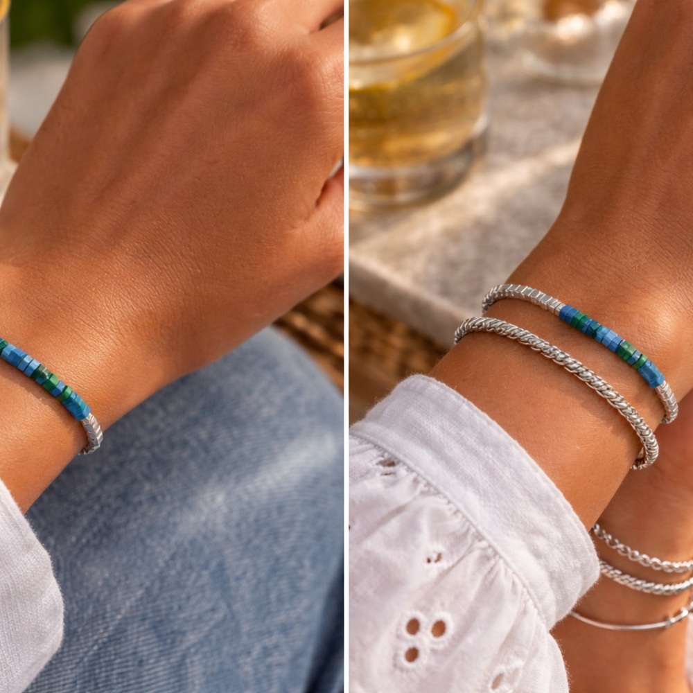 925 Sterling Silver Beaded bracelet, Blue Green Minimalist Bracelet. - Picture 4 of 7